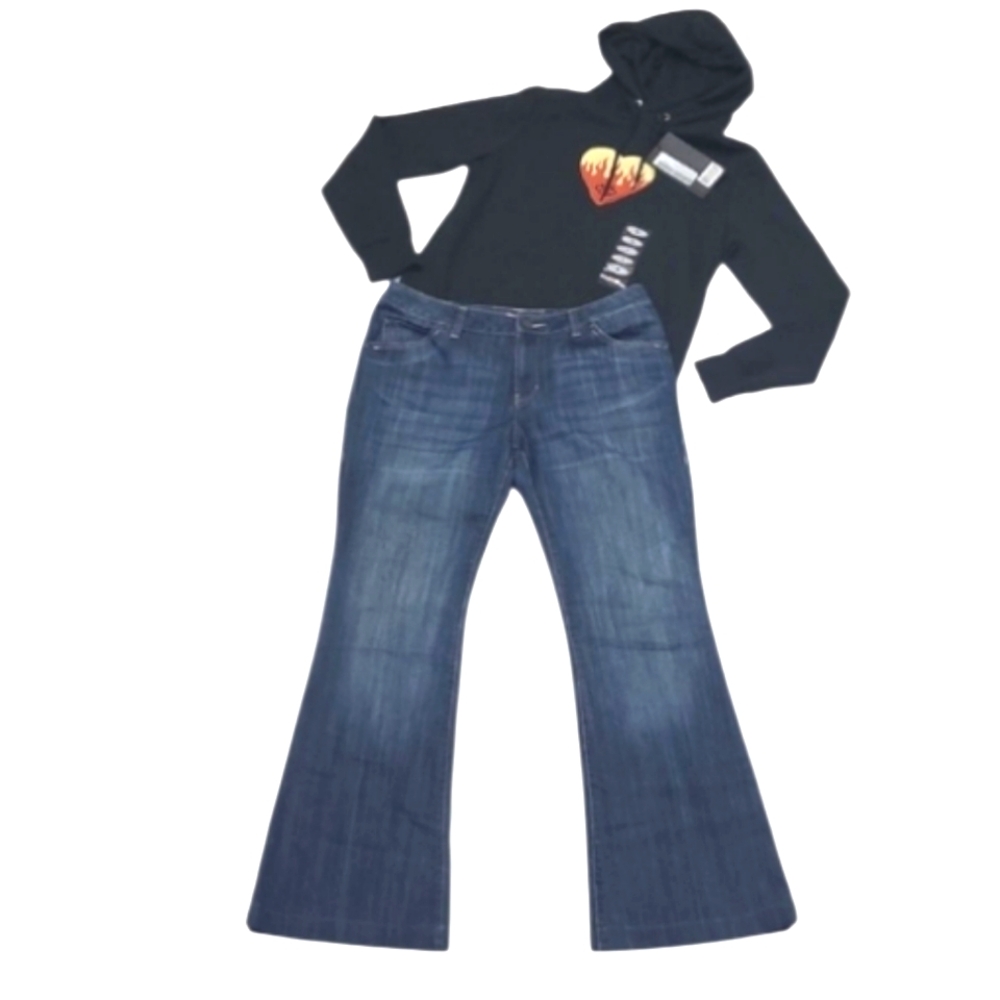 CAbi Dark Wash Flare Leg Jean Mid Waist Rise Bootcut Tall Long Y2K Boho Classic